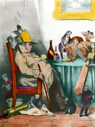 Un hipocondríaco sentado pensando en su próxima muerte. Ilustración para la obra "El enfermo imaginario" de Jean Baptiste Poquelin dit Molière (1622-1673) siglo XIX Colección privada