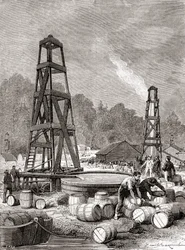 Una fuente de petróleo en Oil Creek en el río Allegheny, Pensilvania, EE.UU. en 1858, descubierta por Edwin Laurentine Drake, también conocido como Coronel Drake, de 
