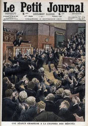 Una sesión tempestuosa en la Cámara de Diputados - El primer ministro Aristide Briand acusa al líder de los socialistas, Jean Jaurès, de infringir la ley - Ilustración de «Le Petit Journal», suplemento ilustrado