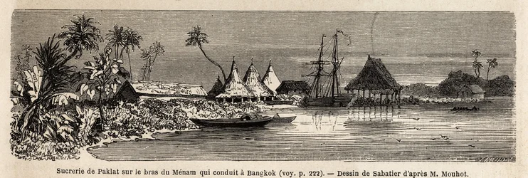 Una fábrica de azúcar de Paklat, en el brazo del Menam, el río principal de Tailandia, dibujo de Sabatier, para ilustrar el viaje de Henri Mouhot a los reinos de Siam, Camboya y Laos de 1858 a 1861. Grabado en “Le tour du monde”, editado por Edouard Charto