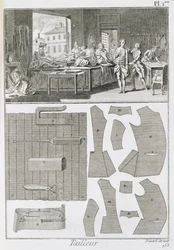 Taller de un sastre y patrones, de la Encyclopedie des Sciences et Metiers de Denis Diderot (1713-84) publicada c.1770