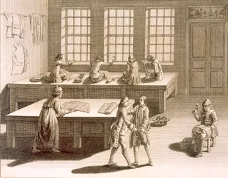 Taller de un sastre, de la Encyclopedie des Sciences et Metiers de Denis Diderot (1713-84) publicada c.1770