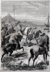 Una tropa de hombres a caballo con una bandera blanca: el vicealmirante John Byron recibido por los nativos del Cabo de los Vírgenes, en la boca oriental del Estrecho de Magallanes en 1764 - ilustración de “Los Grandes Marineros del siglo XVIII”