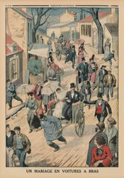 Una boda en carretillas, ilustración de la contraportada de Le Petit Journal, suplemento ilustrado, 5 de abril de 1914