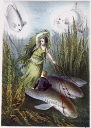 Una mujer y un niño huyendo de peces gigantes sobre tiburones - en "Viaje al fondo del mar" de H. de la Blanchère. París, ed. Jouvet et Cie, sd. 1880. (doble 02944)