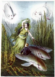 Una mujer y un niño huyendo de peces gigantes sobre tiburones - en "Viaje al fondo del mar" de H. de la Blanchère. París, ed. Jouvet et Cie, sd. 1880.