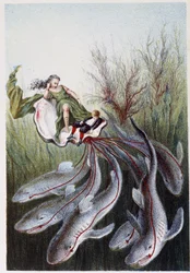 Una mujer y un niño en un tanque guiados por tiburones - en "Viaje al fondo del mar" de H. de la Blanchère. París, ed. Jouvet et Cie, sd. 1880. (doble 02946)