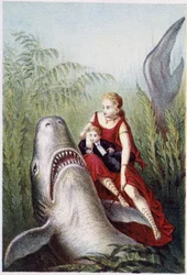 Una mujer y un niño montando un tiburón - en “Viaje al fondo del mar” de H. de la Blanchère. París, ed. Jouvet et Cie, s.f. 1880