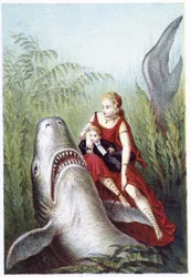 Una mujer y un niño montando un tiburón - en “Viaje al fondo del mar” de H. de la Blanchère. París, ed. Jouvet et Cie, s.f. 1880