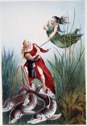 Una mujer atacando a otra mujer y un niño conducido por delfines - en "Viaje al fondo del mar" de H. de la Blanchère. París, ed. Jouvet et Cie, sd. 1880. (doble 02947 y 02952)