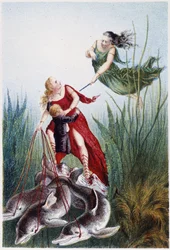 Una mujer ataca a otra mujer y un niño es conducido por delfines - en "Viaje al fondo del mar" de H. de la Blanchère. París, ed. Jouvet et Cie, sd. 1880. (doble 02947)