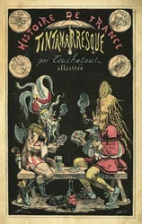 Una mujer con peluca de plumas y un hombre caricaturizado en galos durante una partida de cartas. Portada de "Histoire de France Tintamarresque", caricaturas de Touchatout, París