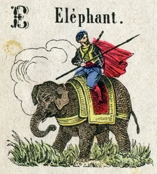 Abecedario. Letra E como Elefante. Pequeño alfabeto enciclopédico, serie popular. Imagen de Epinal, finales del siglo XIX