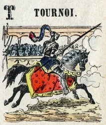 Abecedario. Letra T como Torneo. Pequeño alfabeto enciclopédico, serie popular. Imagen de Epinal, finales del siglo XIX