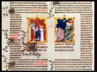Abraham y Sara dejan Ur de los Caldeos hacia Canaán, de La Biblia de Jean de Sy, c.1355