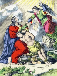 El sacrificio de Abraham. Grabado en "Los principales hechos de la historia sagrada". Imágenes de Epinal, 4ª Serie. Pellerin y Cie, impresor-editor, Epinal. Finales del siglo XIX.