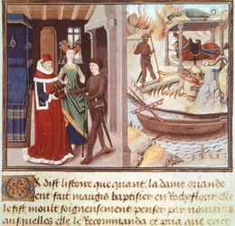 Actor con disfraz de diablo, miniatura del Ciclo de Renaud de Montauban, Francia siglo XV