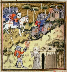 Añadir 15269 f.178v Caballería iluminando edificios con antorchas encendidas; una monja protegiendo su abadía de un soldado, c.1380