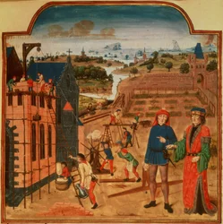 Add 19720 f.27 Construcción de una casa de jardín con jardines formales y paisaje de fondo, de Livre des Prouffits Champetres et Ruraulx de Pietro de Crescenzi (1230-1320/1) (vitela)