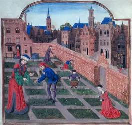 Add 19720 fol.165 Un jardín de hierbas amurallado en una ciudad, de Livre des profits ruraux de Piero de Crescenzi de Bolonia (1230-1320/1) finales del siglo XV (vitela)