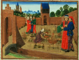Añadir 19720 fol.214 Jardín amurallado con una mujer haciendo jardinería y otros cotilleando, del Livre des Prouffits Champetres et Ruraulx de Pietro de Crescenzi (1230-1320) (vitela)
