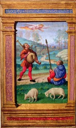 Add 35214 f.57v Anunciación a los pastores, de un Libro de Horas, París