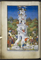 Add Ms 18850 f.17v Building of the Tower of Babel, from Book of Hours (The Bedford Hours) c.1410-30 (tinta, color y oro sobre vitela)