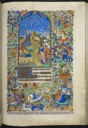 Añadir Ms 18850 f.208r, Horas de la Pasión: Agonía en el Huerto, con escenas adicionales en el borde, del Libro de Horas (Las Horas de Bedford) c.1410-30 (tinta, color y oro sobre vitela)