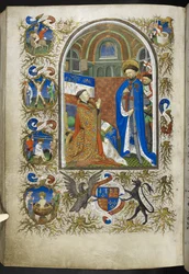 Añadir Ms 18850 f.256v, Duke of Bedford before St George, from Book of Hours (The Bedford Hours) c.1410-30 (tinta, color y oro sobre vitela)