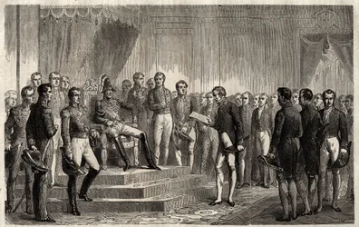 Discurso de los 221 - El estadista liberal Roy-Collard presenta el Discurso de los 221 - Pierre Paul Royer-Collard leyendo al rey francés Carlos X el discurso de los 221 para protestar contra el Gobierno en 1830