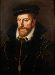 El almirante Gaspard de Coligny, calvinista, estadista y oficial francés, asesinado durante la noche de San Bartolomé ... (óleo sobre madera de roble)