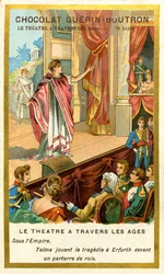 Cromolitografía publicitaria de Chocolates Guerin Boutron, el teatro a través de los tiempos, 72 temas, bajo el Imperio Talma interpretando tragedia en Erfurth frente a un foso de reyes