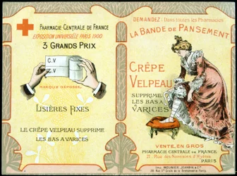 Tarjeta publicitaria de "El vendaje de crepé Velpeau elimina las medias varicosas". Sd. Siglo XIX