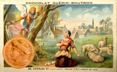 Cromolitografía publicitaria de chocolates Guerin Boutron, Carlos VII rey de 1422 a 1461. Juana de Arco escucha voces