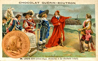 Cromolitografía publicitaria de chocolates Guerin Boutron, Luis XIII rey de Francia de 1610 a 1643. Richelieu en La Rochelle 1696
