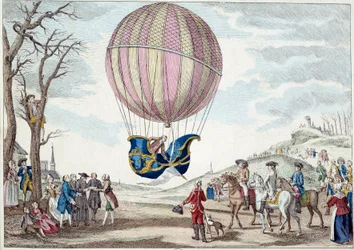 Aerostato: el segundo intento de volar en globo. Subida al globo de gas hidrógeno de Charles y Robert en la pradera de Nesle, cerca de París, el 01/12/1783. Grabado anónimo del siglo XVIII. París, artes decorativas