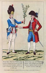 Retrato al natural de Sieur Harne, granadero, y Sieur Humbert, relojero. Fueron los primeros hombres atacados durante la toma de la Bastilla el 14 de julio de 1789. Grabado de 1790.