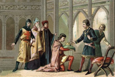 Después de la muerte de Luis X, la corona regresó a su hermano menor, Felipe V llamado El Largo (1294-1322). La escena es presenciada por los tres órdenes feudales