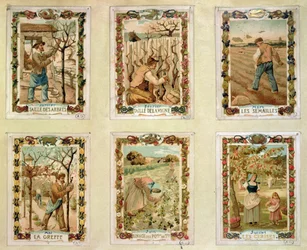 Calendario agrícola que representa las diversas estaciones de la agricultura, finales del siglo XIX