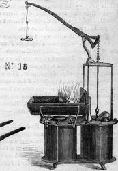 Máquina agrícola: un pistón de viento doble de forja presentado en el concurso agrícola de París en 1860. Grabado en Le Monde Illustré n°172 del 28 de julio de 1860.