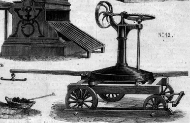 Máquina agrícola: un manege portátil presentado en el concurso agrícola de París en 1860. Grabado en Le Monde Illustré n°16 del 7 de julio de 1860