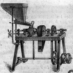 Máquina agrícola: un pequeño molino en la Exposición Agrícola de 1860 en París. Grabado en “Le Monde Illustré” n°168 del 30 de junio de 1860