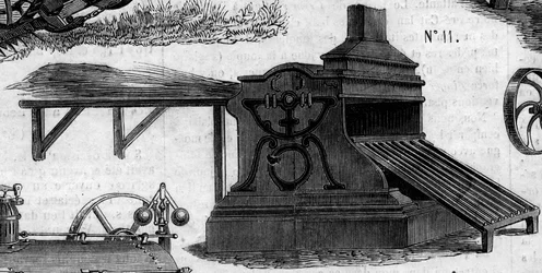 Máquina agrícola: una trilladora presentada en el concurso agrícola de París en 1860. Grabado en "Le Monde Illustré" n°169 del 7 de julio de 1860
