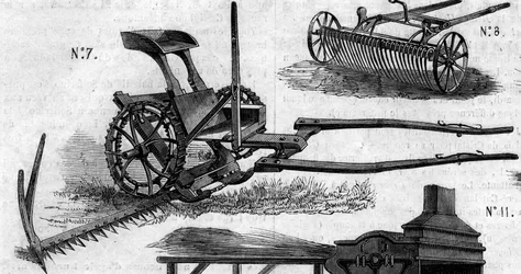 Máquina agrícola: una segadora americana presentada en el concurso agrícola de París en 1860. Grabado en “Le Monde Illustré” n°169 del 7 de julio de 1860.