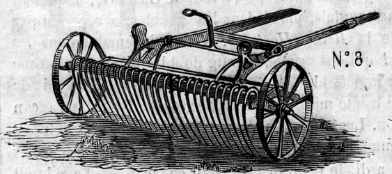 Máquina agrícola: un rastrillo de caballos inglés presentado en el concurso agrícola de París en 1860. Grabado en Le Monde Illustré n°16 del 7 de julio de 1860.