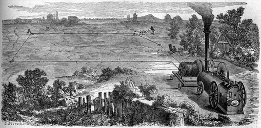 Agricultura: campesinos usando una máquina de vapor para su cultivo. Grabado en “Le Monde Illustré” n°131 del 15 de octubre de 1859.
