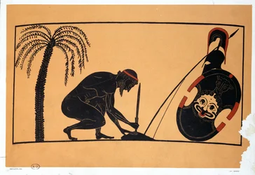 Áyax se prepara para suicidarse, ilustración de un vaso griego antiguo