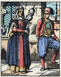 Aladino y su madre viviendo de su trabajo. Grabado del cuento de Las mil y una noches “Aladino y la lámpara maravillosa”. Imágenes de Epinal, finales del siglo XIX. Colección privada.