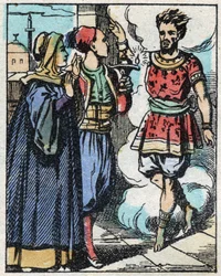 Aladino y su madre frotaron la lámpara mágica e hicieron aparecer al genio. Grabado del cuento de Las mil y una noches “Aladino y la lámpara maravillosa”. Imágenes de Epinal, finales del siglo XIX. Colección privada.
