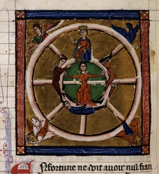 Alejandro III El Grande (356-323 a.C.) sentado en la rueda de la Fortuna rodea el Tetramorfos. Miniatura del manuscrito "Historia antigua a la Cesar", alrededor de 1260-1270 escrita por un escriba al servicio de la corte de Roger IV, Chatelain de Lille